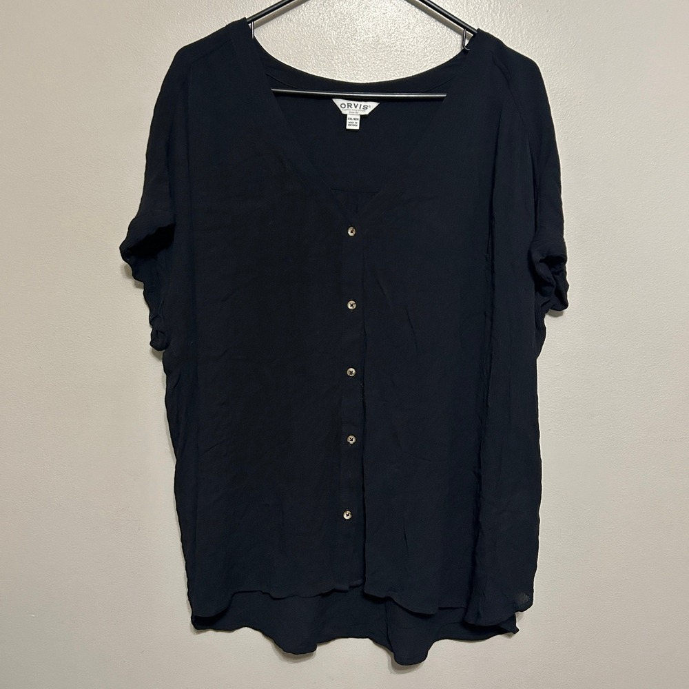 Orvis Button Down Shirt XXL Black Short Sleeve Rayon V-Neck Blouse Minimalist